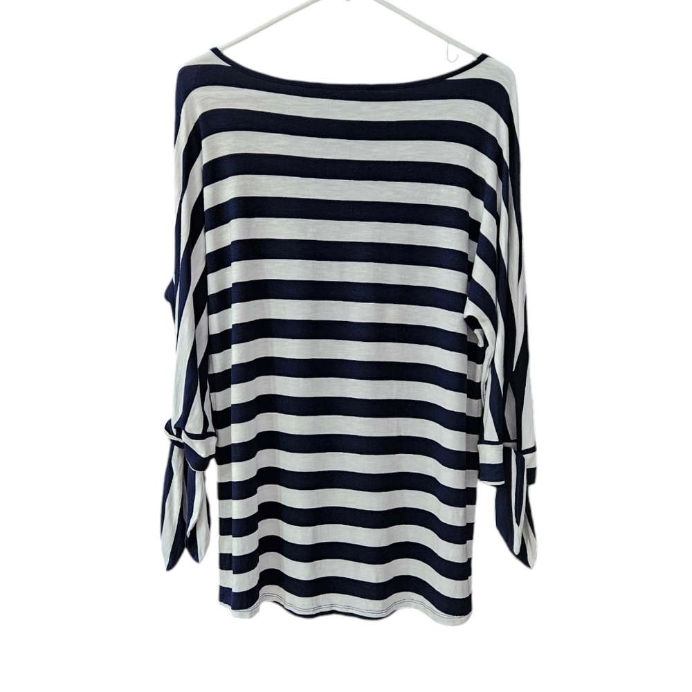 Soft Surroundings Adrift Top Women's M Navy White Stripes Tie Sleeves Nautical